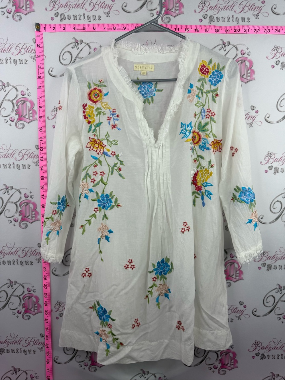 RUBY YAYA mini dress distressed White Embroidered V-Neck Tunic Top